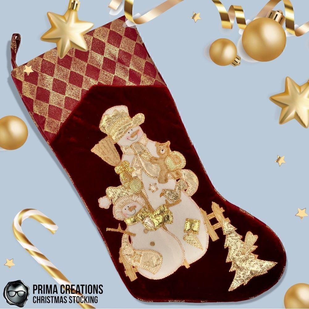 VINTAGE  CHRISTMAS STOCKING SNOWMAN PARENT & CHILD IN RED VELVET & GOLD APPLIQUÉ